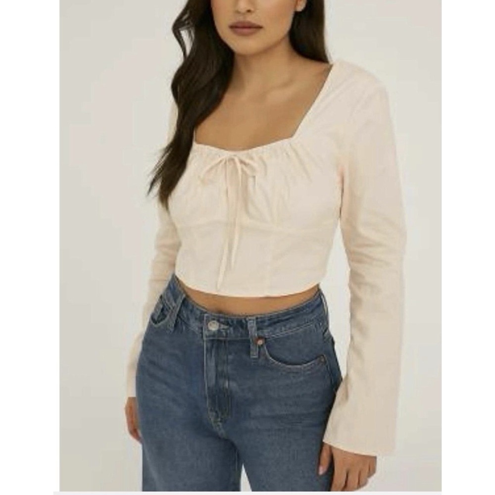 Wild Fable Women's Beige Square Neck Tie-Front Cropped Blouse Long Sleeve XL
